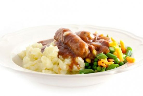 VEGETARIAN SAUSAGES WITH CHAMP POTATOES AND ONION GRAVY